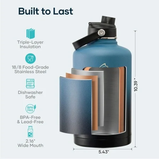 Buzio Duet Series Water Bottle with 2 Lids and Sleeve 2.5L - Indigo Crush